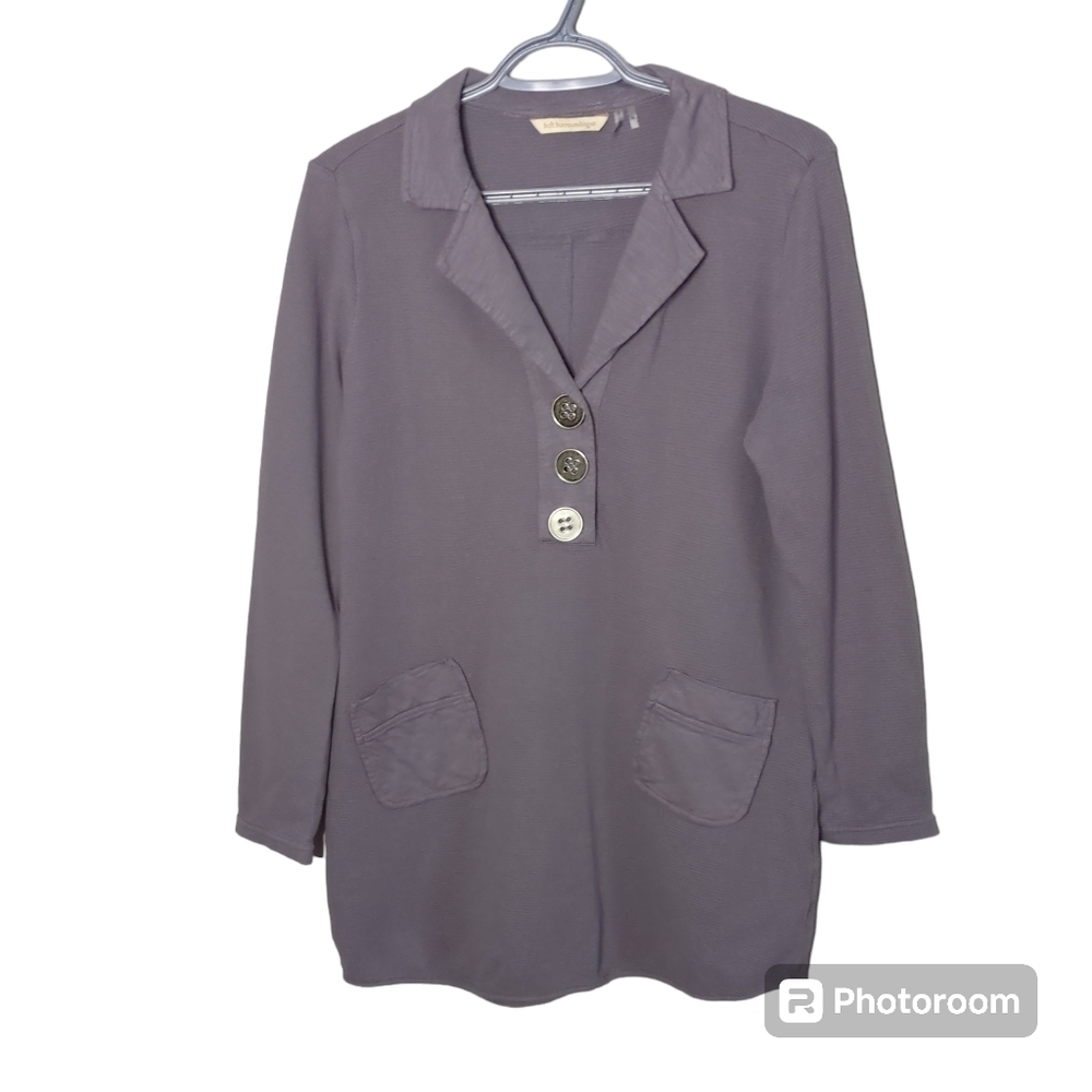 Soft Surroundings Gray Take Two Tunic Top Waffle Knit Buttons Collared Size M